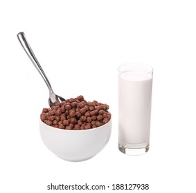 Oats Chocolate Cereal With Glass Of Milk. Isolated On A White Background.