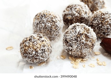 Oats Coconut Balls / Protein Balls Isolated On White, Selective Focus