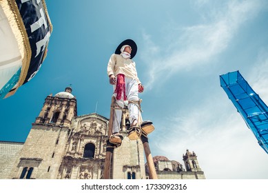 Oaxaca City, Oaxaca /Mexico - 08/31/2019: Danza De Los Zancudos Is A Traditional Dance In Calenda Parties Celebrated In Oaxaca