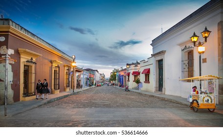 OAXACA, MEXICO-DEC 10, 2015: Street of Oaxaca by night on Dec 10, 2016, Mexico. The city architecture of Oaxaca is protected by UNESCO