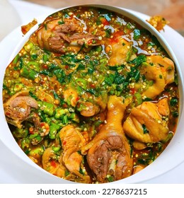 Obe ila Alasepo stew (Okra Okro Soup). Though traditionally enjoyed with beef, Obe Ila Alasepo is delicious with shrimp, goat or lamb