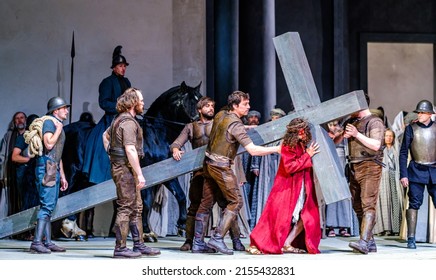Oberammergau, Germany - May 4:scene from the famous passions festival which is repeated every ten years with over 2000 performers (taken during the photo press event) in Oberammergau on May 4, 2022