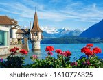 Oberhofen castle on Lake Thun in Bernese Highlands Alps mountains, Canton Bern, Switzerland, in spring time