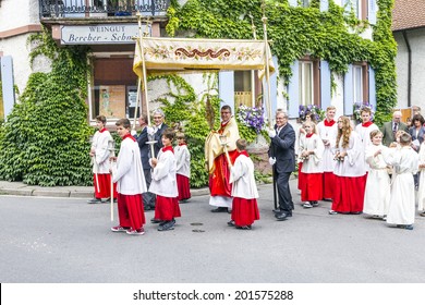 OBERROTWEIL, GERMANY - JUNE 29, 2014: Johannis procession in Oberrrotweil, Germany. The annual Johannis festival is dedicated to apostel Johannes and all people of the town take place.