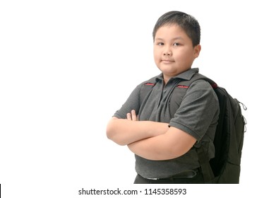 Obese Asian Student With School Bag Isolated On White Background, Back To School Concept