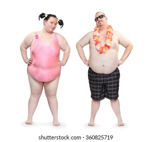 Obese couple in swimsuit with tropical flowers. Funny people enjoying holidays on the beach. Studio shot of two persons on white background.