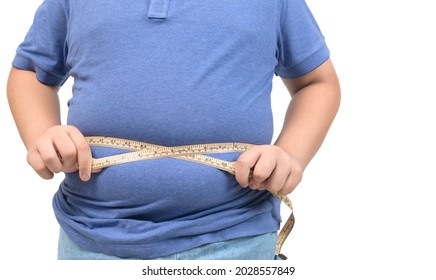 obese fat boy measuring tape of stomach isolated on white  background, healthy and lose weight concept