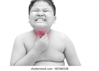 Obese fat boy scratch the itch with hand, throat irritation, isolated on black and white tone, Concept with Healthcare and Medicine - Powered by Shutterstock