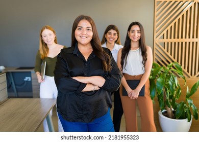 Obese Happy Woman And Boss Woking With An All Women Workteam Standing Together At The Office 