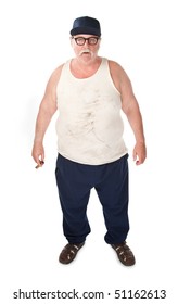 Obese Man In Tee Shirt On White Background