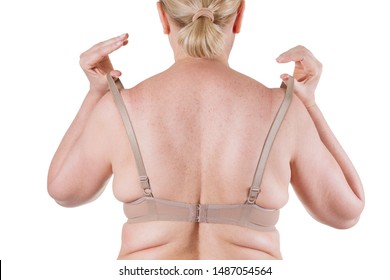 Obesity female body, fat woman back isolated on white background, studio shot