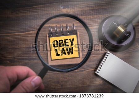 OBEY LAW concept. Hand with magnifying glass. Court hammer on a wooden table