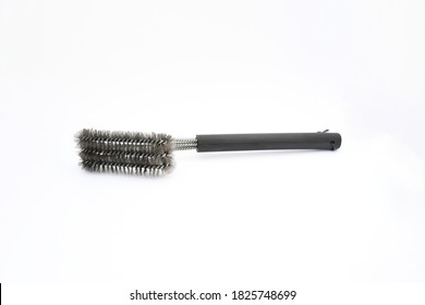 Object, Cleaning Grill Brush.  And Scraper With Handle On White Background Isolated. Safe Wire Stainless Steel BBQ Brush For Gas Infrared Charcoal Porcelain Grills 