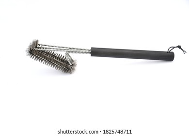 Object, Cleaning Grill Brush.  And Scraper With Handle On White Background Isolated. Safe Wire Stainless Steel BBQ Brush For Gas Infrared Charcoal Porcelain Grills 