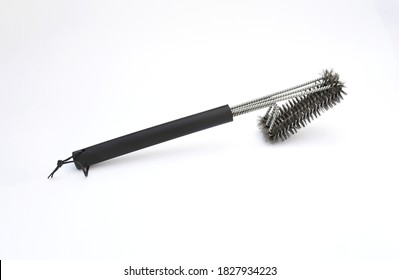 Object, Cleaning Grill Brush.  And Scraper With Handle On White Background Isolated. Safe Wire Stainless Steel BBQ Brush For Gas Infrared Charcoal Porcelain Grills 