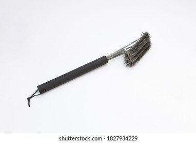 Object, Cleaning Grill Brush.  And Scraper With Handle On White Background Isolated. Safe Wire Stainless Steel BBQ Brush For Gas Infrared Charcoal Porcelain Grills 