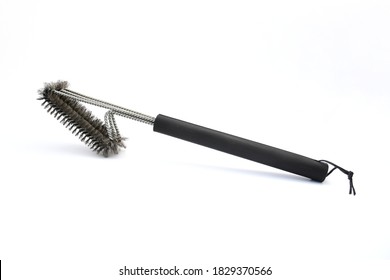 Object, Cleaning Grill Brush.  And Scraper With Handle On White Background Isolated. Safe Wire Stainless Steel BBQ Brush For Gas Infrared Charcoal Porcelain Grills 