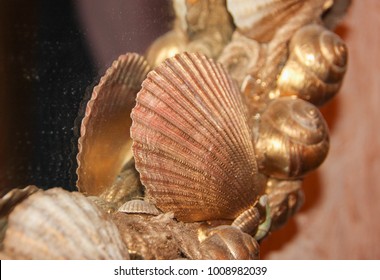 An Object Of Decor, Gold Seashells. Beautiful Texture Of The Finishes, Gilded Sea Shells. Sea Shells In The Interior.