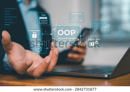 Object oriented programming concept with class, inheritance, encapsulation, abstraction and polymorphism icons, illustrating software development, coding, architecture and reusable design.