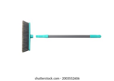 Object, Plastic Broom With Brush Push Head In Gray-blue Aqua On White Background Isolated And Clipping Path. Item Clean And Swipe Floor Indoor.