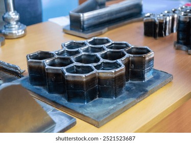 Object printed by 3D printer from metal. Additive manufacturing solution. Object created on 3Dprinter from melting metal thread. 3D Metal Printing. Metal additive manufacturing