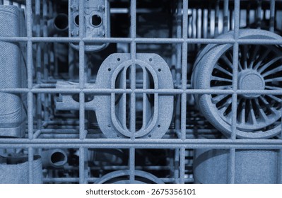 Object printed on 3D printer from molten plastic powder close-up. Model printed on 3D printer from melted polyamide powder. New modern additive 3D printing technology. Multi Jet Fusion MJF technology