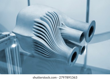 Object printed on 3D printer. Turbine impeller. Model printed on 3D printer from metal powder. Stainless steel alloy 316L. Selective Laser Melting. SLM. Additive manufacturing. 3D printing technology