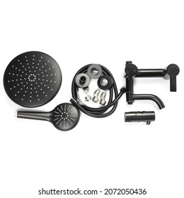 Object shooting. Disassembled shower column. Photo of a complete set. Details for assembling a shower faucet. It is easy and simple to install your own home appliance.