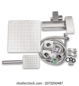 Object shooting. Disassembled shower column. Photo of a complete set. Details for assembling a shower faucet. It is easy and simple to install your own home appliance.