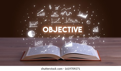 OBJECTIVE inscription coming out from an open book, business concept