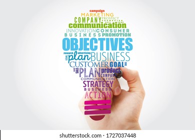 Objectives light bulb word cloud collage, business concept background