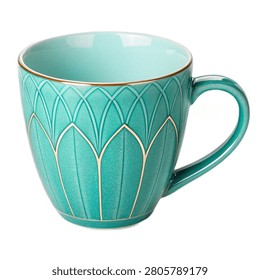Objects and Creative turquoise ceramic cup, modern artistic coffee mug, glossy finish, unique designer shape, isolated on white background. Kitchen