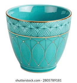 Objects and Creative turquoise ceramic cup, modern artistic coffee mug, glossy finish, unique designer shape, isolated on white background. Kitchen