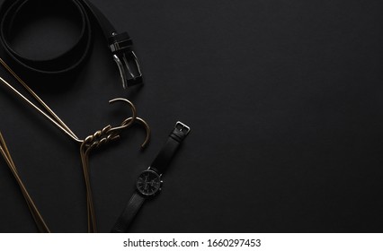 Objects Luxury Flatlay On Black Background. Men Accessories And Beauty Equipment.
Minimalist Black Trendy 2020.