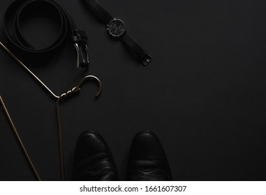 Objects Luxury Flatlay On Black Background. Men Accessories And Beauty Equipment.
Minimalist Black Trendy 2020.