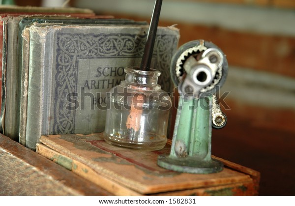 Objects On Teachers Desk Oneroom Schoolhouse Stock Photo