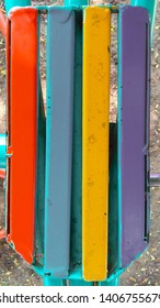 Objects painted blue, red, yellow and blue