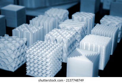 Objects Printed On 3d Printer Made Of White Plastic Close-up. Models Created On 3D Printer From Filament. Modern New Prototyping Technology. Additive Automation Manufacturing Fused Deposition Modeling