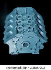 Objects Prototype Car Motor Printed On 3d Printer From Plastic Filament Close-up. Modern New Prototyping Technology. Additive Automation Manufacturing Fused Deposition Modeling. 3D Printing Technology