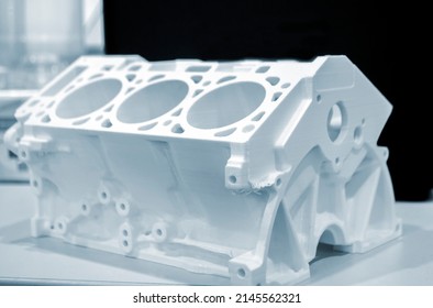 Objects Prototype Car Motor Printed On 3d Printer From Plastic Filament Close-up. Modern New Prototyping Technology. Additive Automation Manufacturing Fused Deposition Modeling. 3D Printing Technology