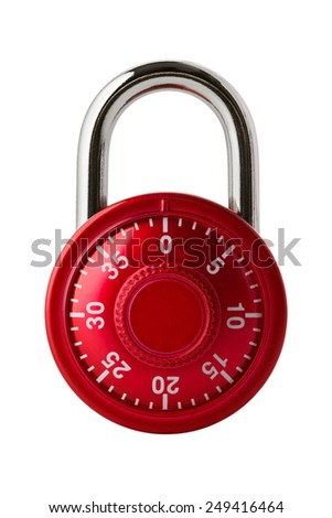 Objects: red combination lock, isolated on white background