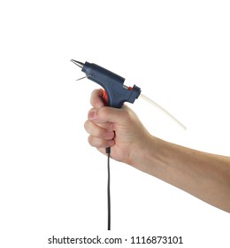 Objects tool hands action - Glue gun worker hand isolated white background.