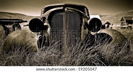 Objects in various stages of decay and aging, abandoned and forgotten - vintage Chevy.