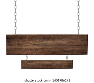 Oblong Wooden Double Sign Made Of Dark Wood Hanging On Chains