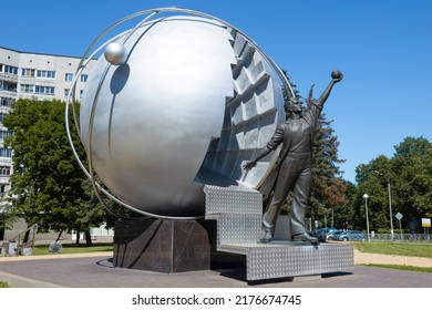 OBNINSK, RUSSIA - SEPTEMBER 30, 2021: Monument to pioneer scientists of nuclear power close-up on a sunny July day