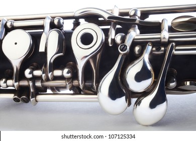 Oboe Musical Instrument Orchestra. Classical Mechanism Detail Closeup On White