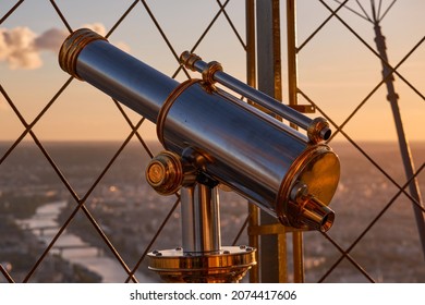 Observation Binoculars in the Top Platform of Eiffel Tower and a Beautiful Golden Hour Sunset - Paris, France