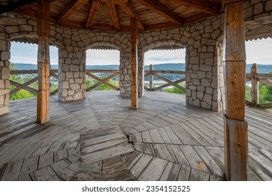 The observation tower in Krasnobród. View from inside the tower. Stone walls. Forests and floodplains in the background. Roztocze, Poland
