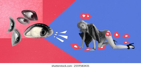 Observing eyes on one side and fashionable young woman on other, surrounded by social media like icons. Contemporary art collage. Concept of social media, influencer, blogging. Banner - Powered by Shutterstock