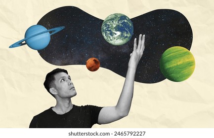 Observing planets collage art. Space exploration mission to find a suitable and habitable planet.